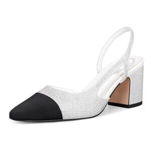 Hochfan Slingback Pumps Round Toe Two Tone Shoes Splicing Low Chunky Heeled